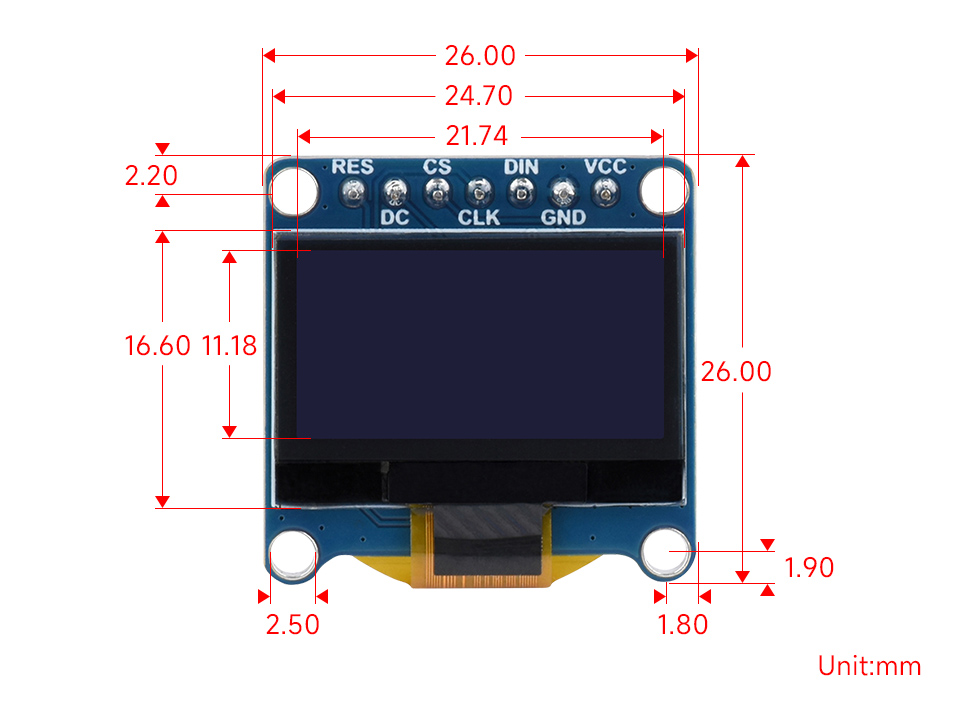 0.96 英寸 OLED 扩展板产品尺寸