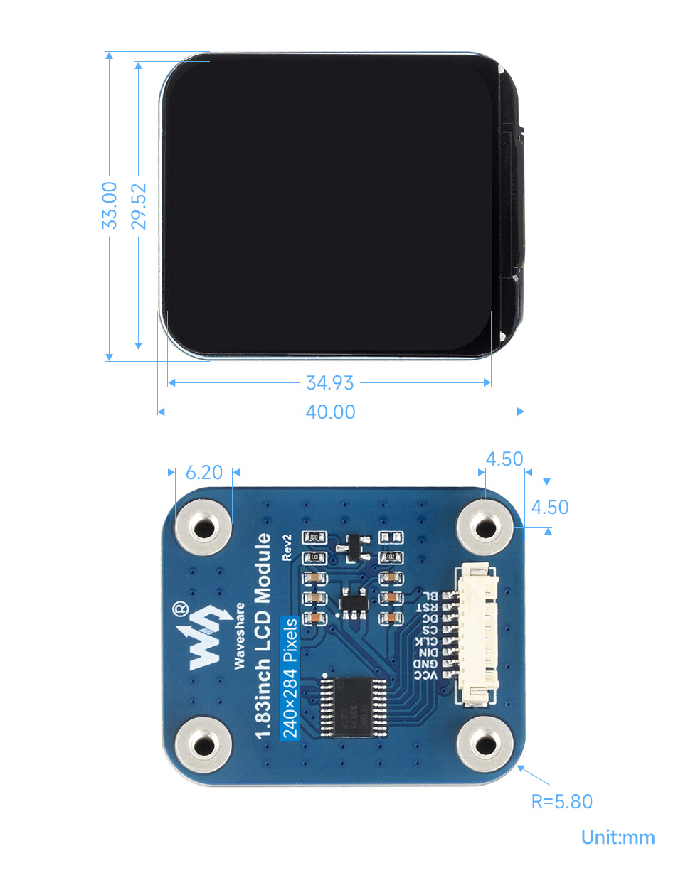 1.83 英寸 LCD 扩展板产品尺寸