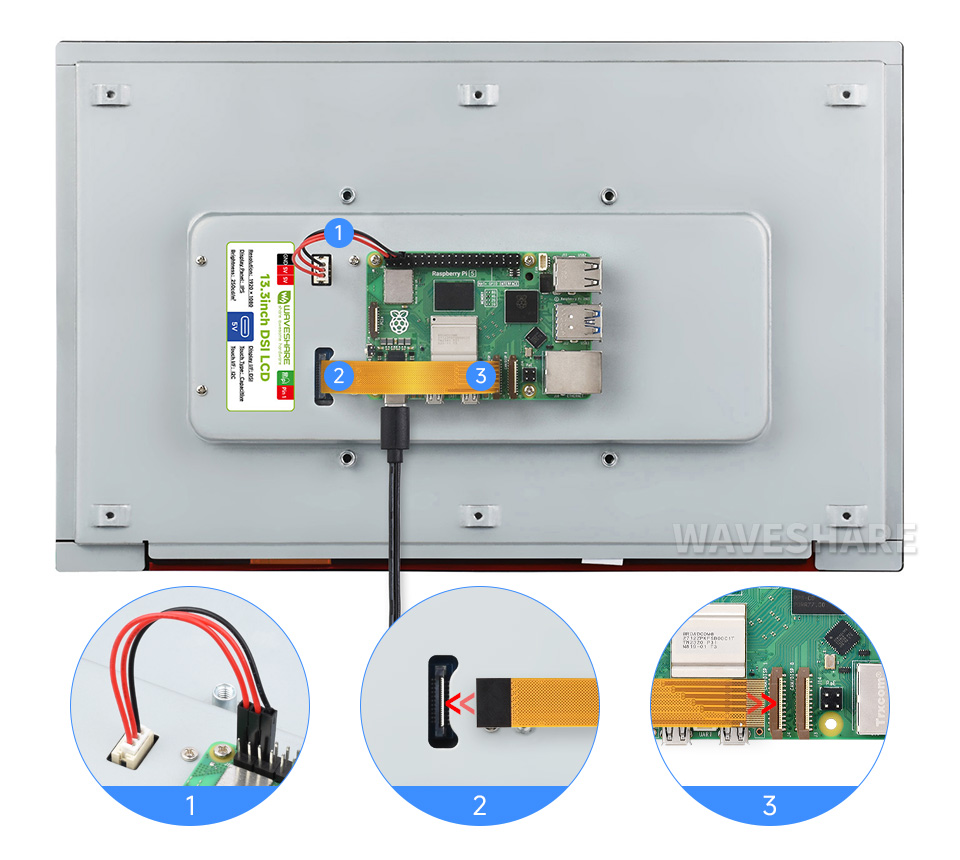 13.3 英寸触控屏接入树莓派 Raspberry Pi 5 带背板版本连接图
