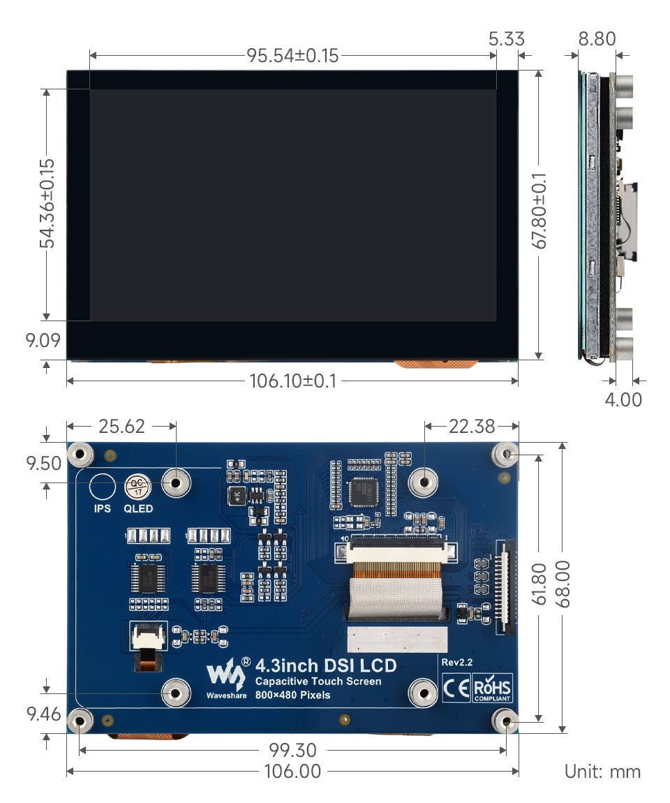 4.3 英寸 DSI QLED 触控屏产品尺寸