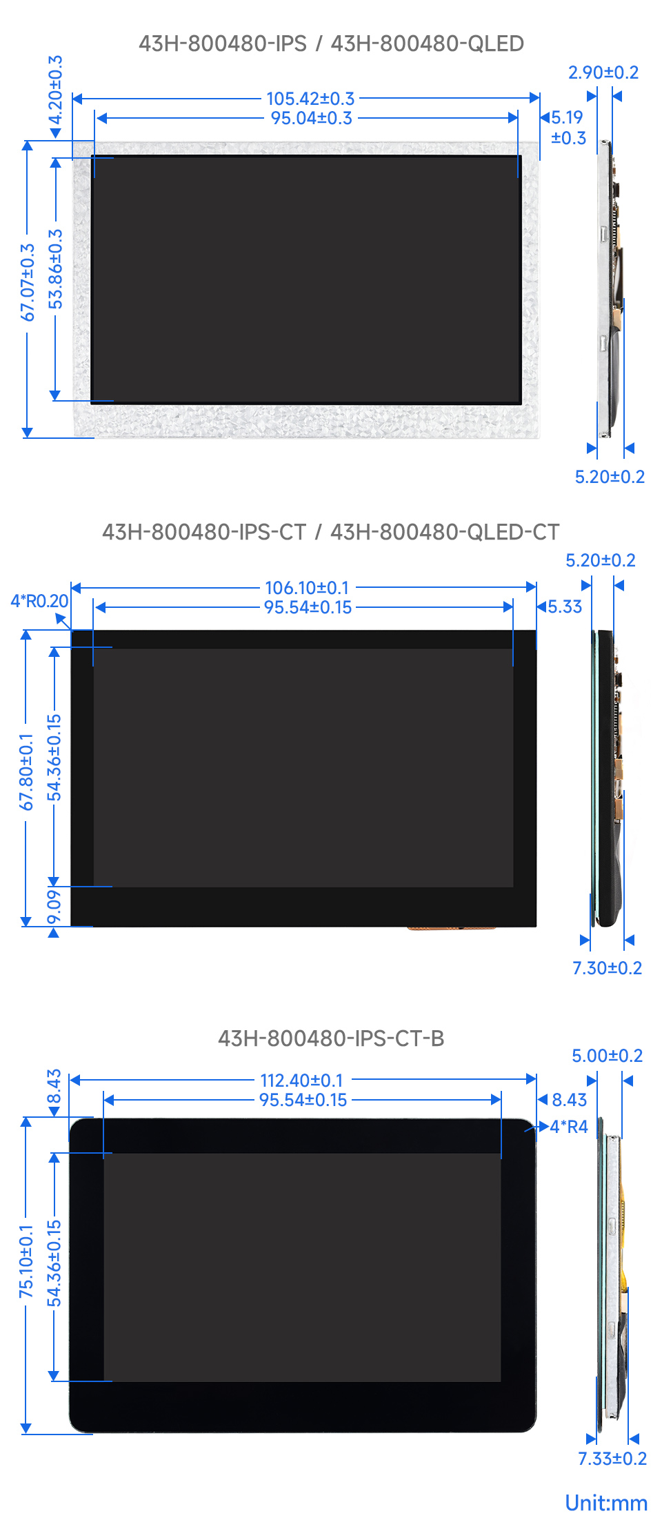 4.3 英寸 DSI 显示屏/触控屏产品尺寸