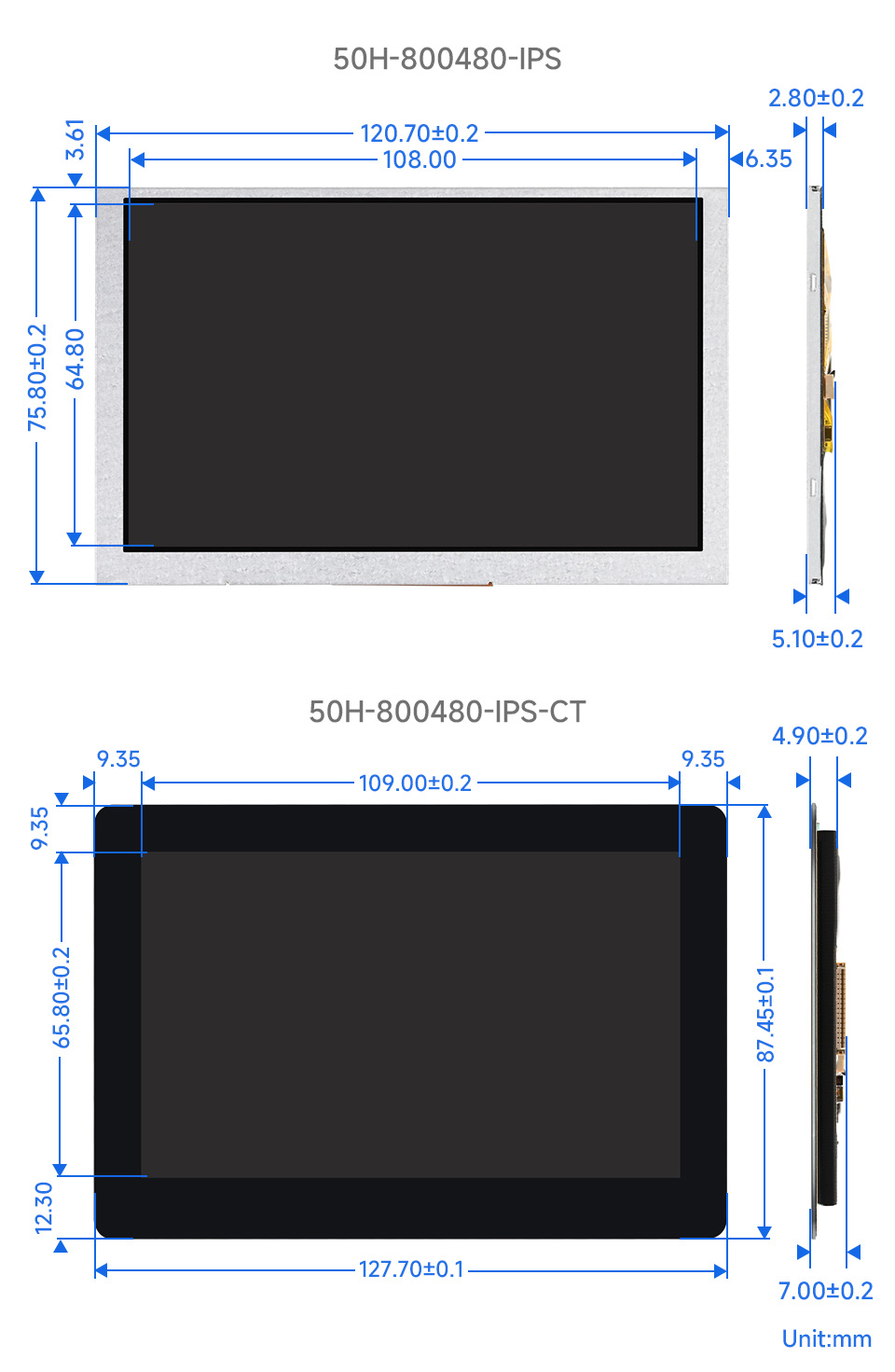 5 英寸 DSI 显示屏/触控屏产品尺寸