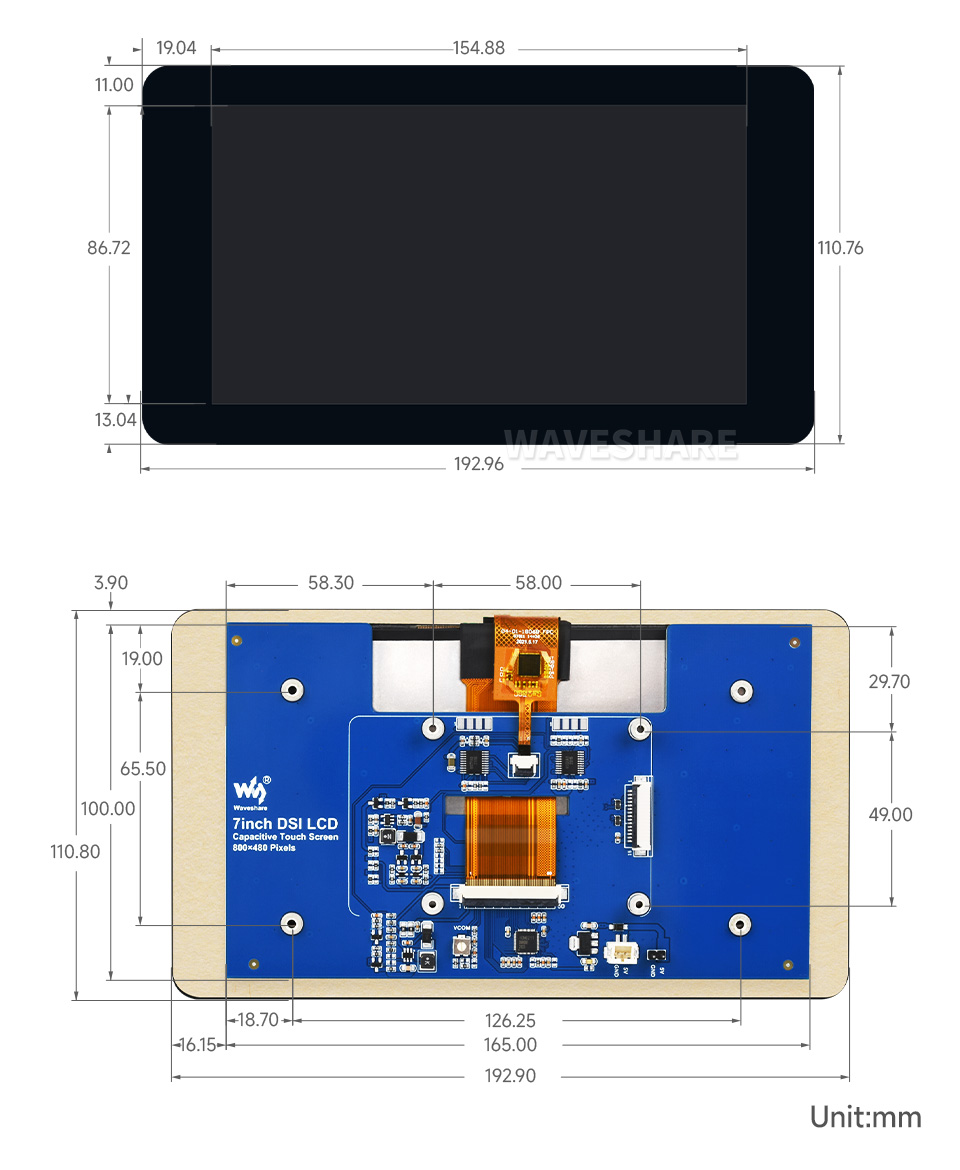 7 英寸 DSI 触控屏产品尺寸