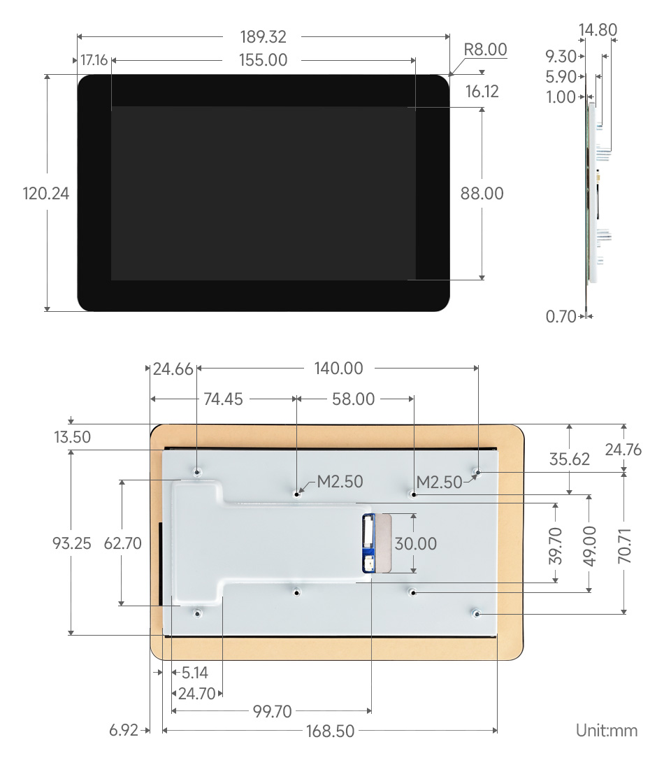 7 英寸 DSI 显示屏/触控屏产品尺寸