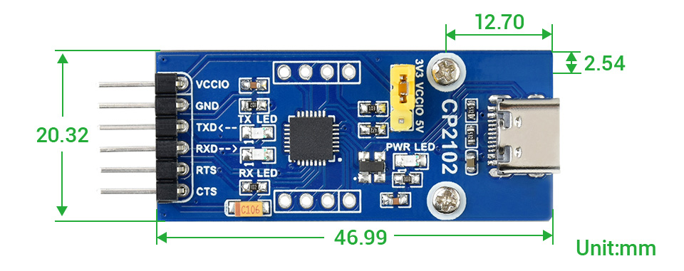 USB Type C 转UART(TTL) 通用串口通信模块产品尺寸