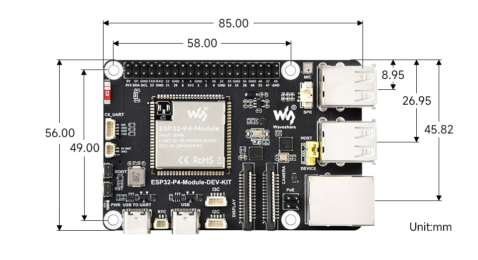 微雪 ESP32-S3 微控制器 Wi-Fi 开发板产品尺寸