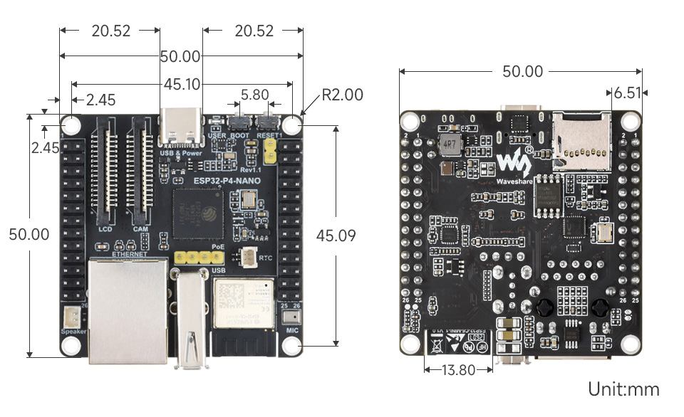 微雪 ESP32-S3 微控制器 Wi-Fi 开发板产品尺寸