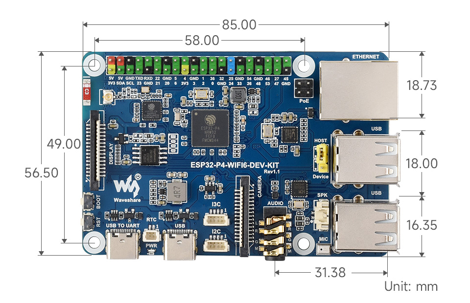 微雪 ESP32-P4-WIFI6-DEV-KIT Wi-Fi 开发板产品尺寸