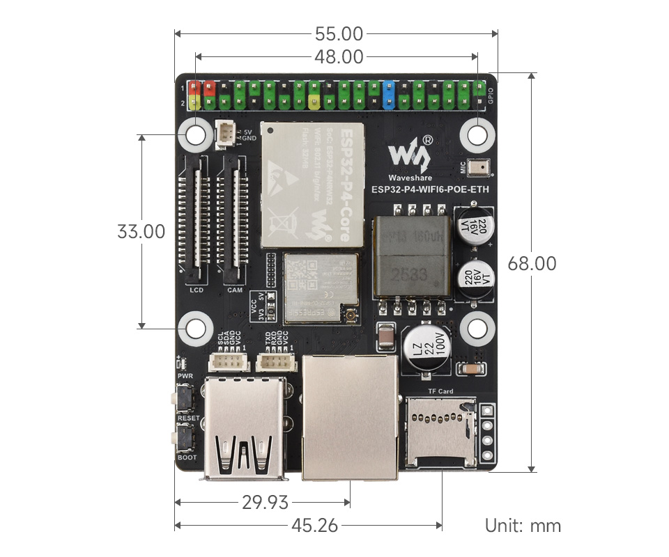 微雪 ESP32-P4-WIFI6-POE-ETH Wi-Fi 开发板产品尺寸