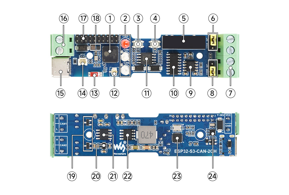 ESP32-S3 板载硬件资源布局及标注
