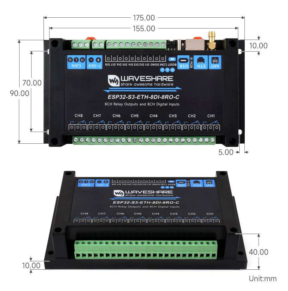 ESP32-S3 工控板 工业级 8 路 Wi-Fi 网络继电器产品尺寸