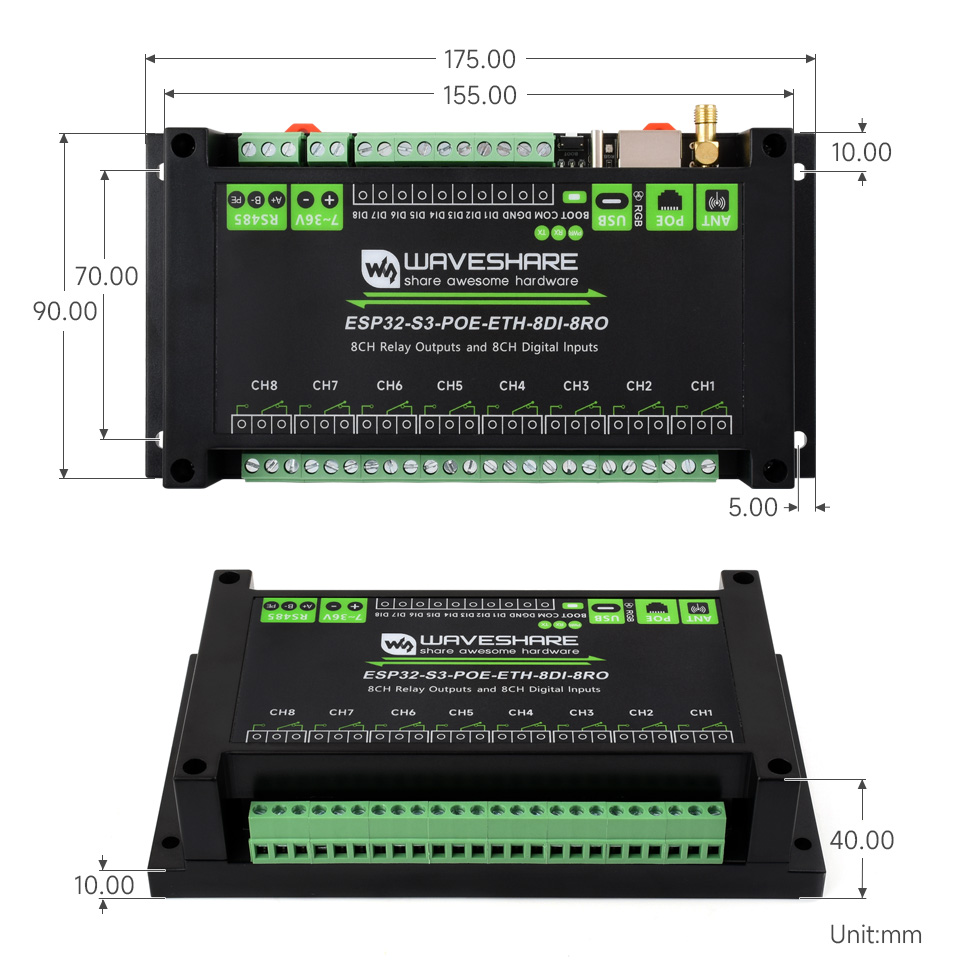 ESP32-S3 工控板 工业级 8 路 Wi-Fi 网络继电器产品尺寸