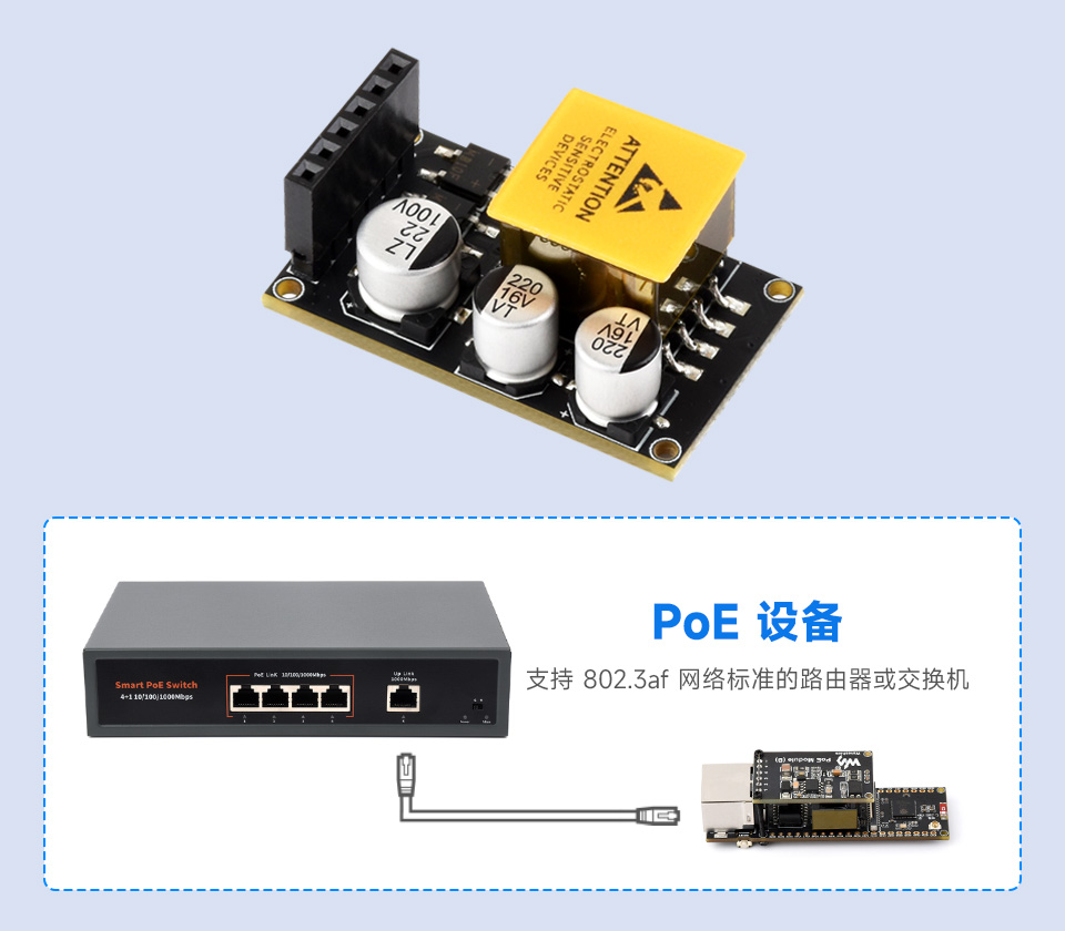 ESP32-S3 以太网开发板支持接入 PoE 设备演示