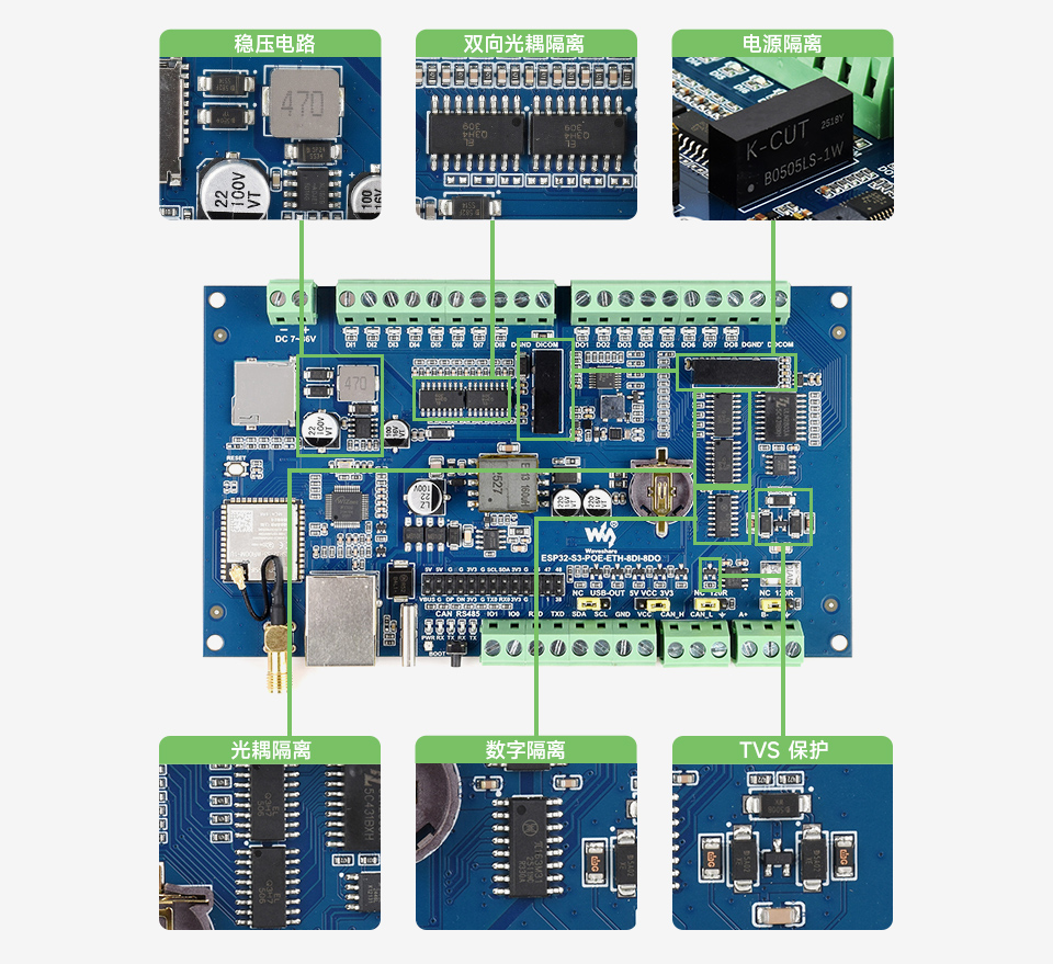 ESP32-S3 工控板 工业级 8 路 Wi-Fi 网络继电器基于树莓派 Pico 接口设计
