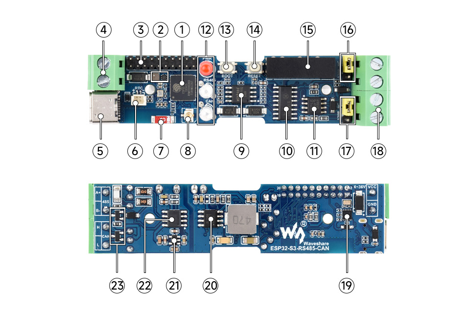 ESP32-S3 板载硬件资源布局及标注