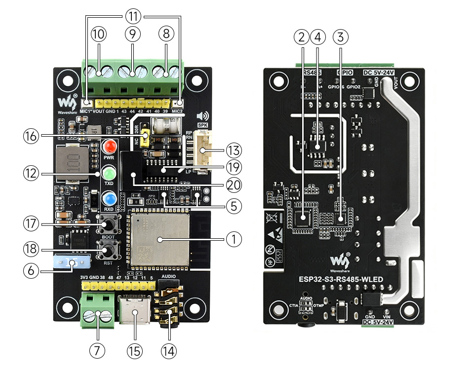 ESP32-S3-RS485-WLED 板载硬件资源标注说明