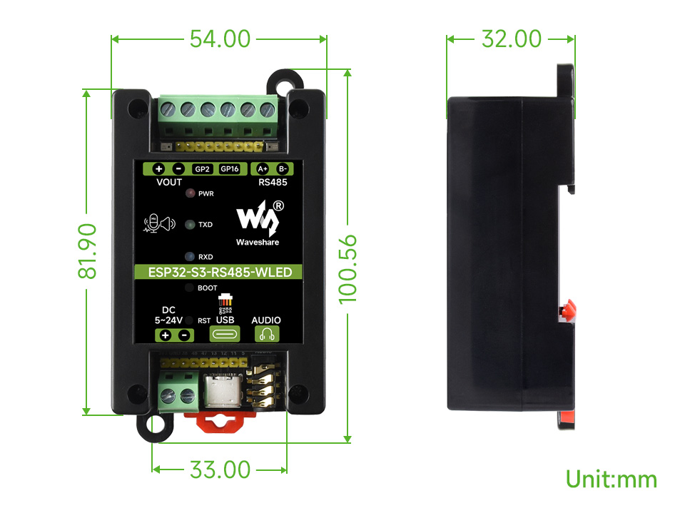ESP32-S3-RS485-WLED 产品外形尺寸图 (单位:mm)