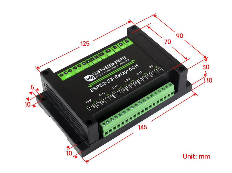 ESP32-S3 工控板 工业级 6 路 WiFi 网络继电器产品尺寸