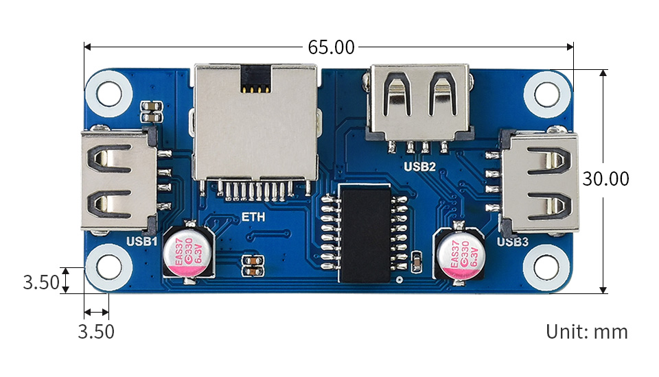 树莓派 USB HUB扩展板产品尺寸