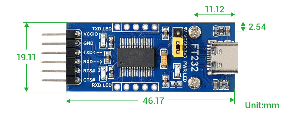 USB Type C 转UART(TTL) 通用串口通信模块产品尺寸