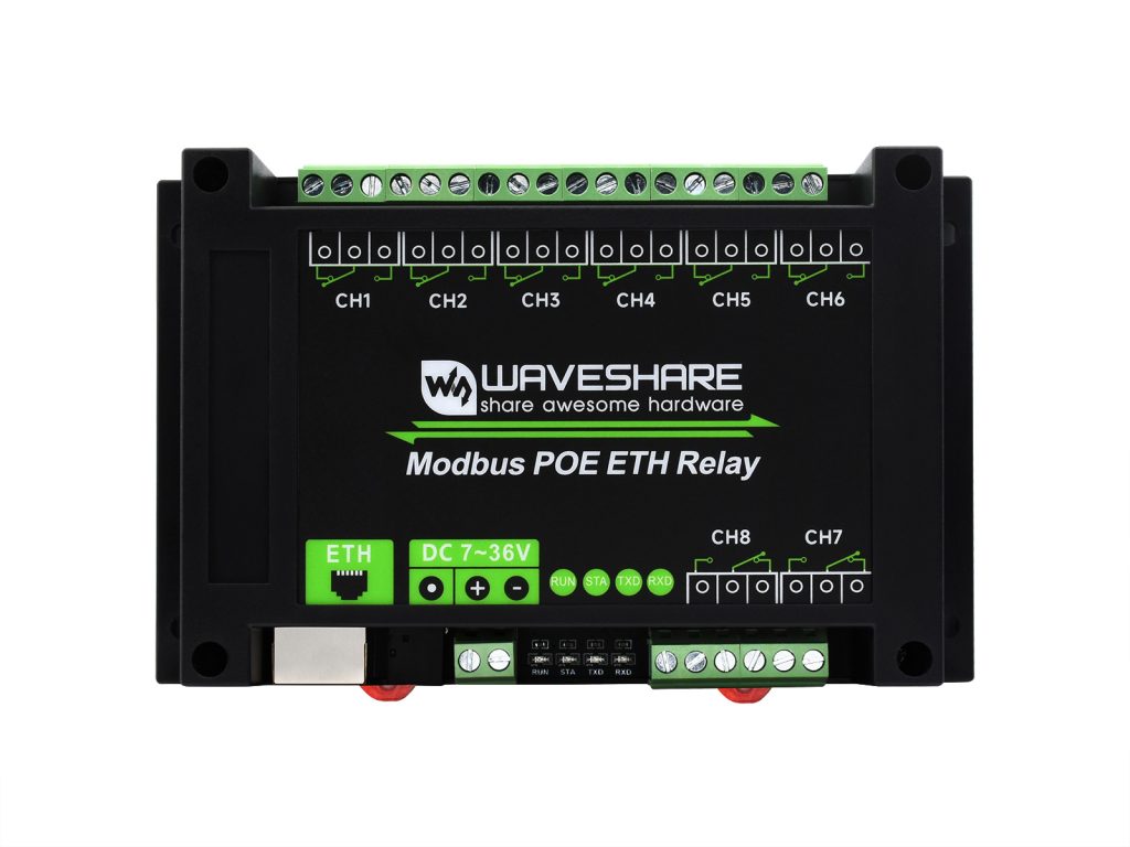 8路以太网继电器模块 Modbus RTU/Modbus TCP协议 PoE以太网通信 带多种隔离保护电路 工业级导轨式外壳