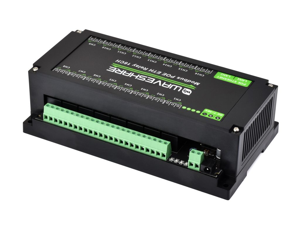 16 路以太网继电器模块 Modbus RTU/TCP 协议 以太网通信 PoE 带多种隔离保护电路 工业级导轨式外壳