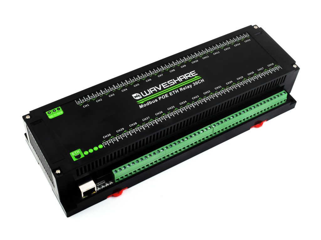 30路以太网继电器模块 Modbus RTU/TCP协议 以太网通信PoE 带多种隔离保护电路 工业级导轨式外壳