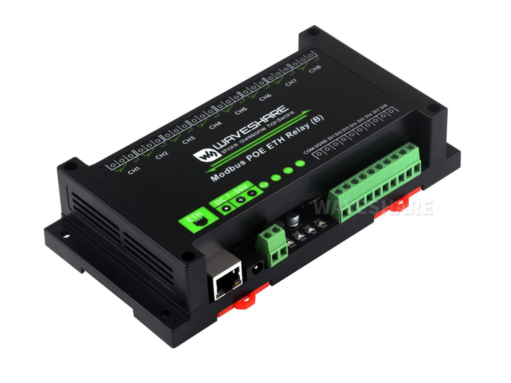 8路以太网带开关输入继电器模块 Modbus RTU/TCP协议 PoE以太网通信 带多种隔离保护电路 工业级导轨式外壳