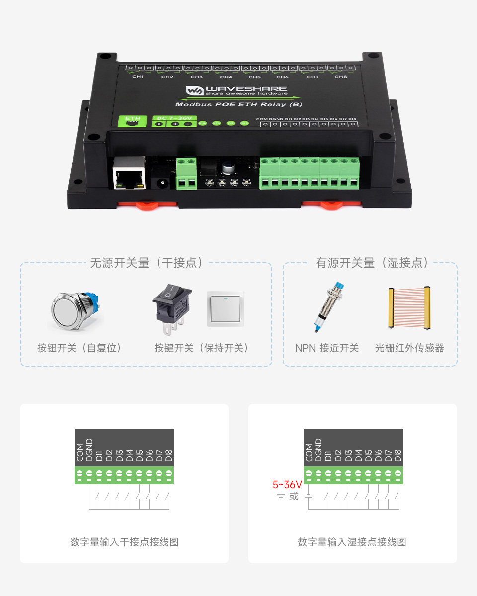 8路以太网带开关输入继电器模块无源开关量（干接点）和有源开关量（湿接点）