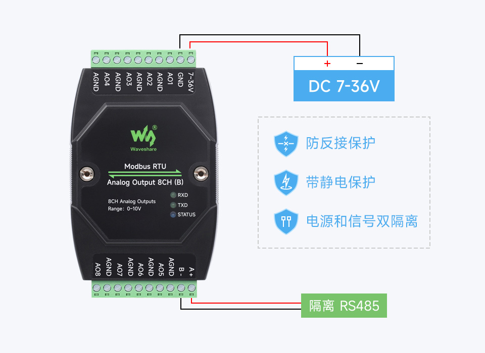 工业隔离保护 宽电压供电隔离RS485模拟量输出模块