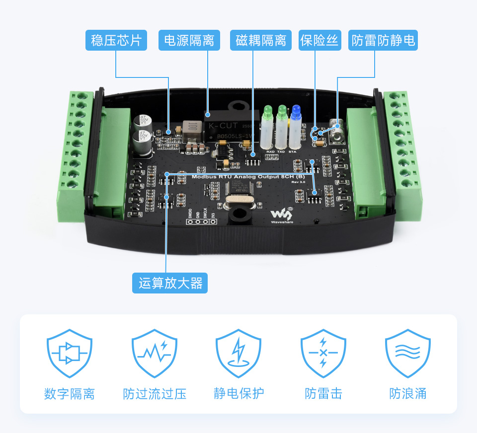 工业级8路模拟量输出模块隔离保护电路展示
