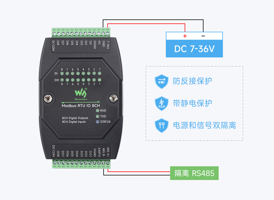 工业级 8 路数字量输入输出模块宽电压供电