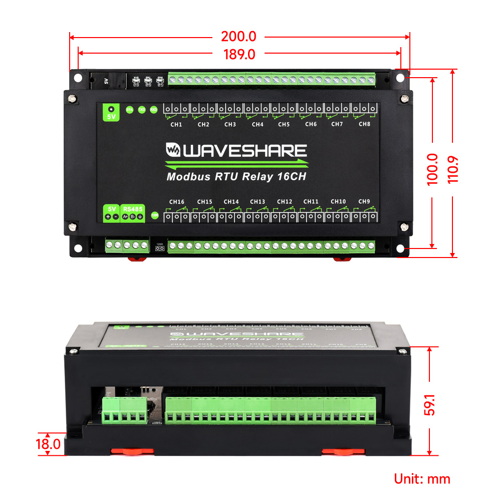 16 路 RS485 继电器模块产品尺寸
