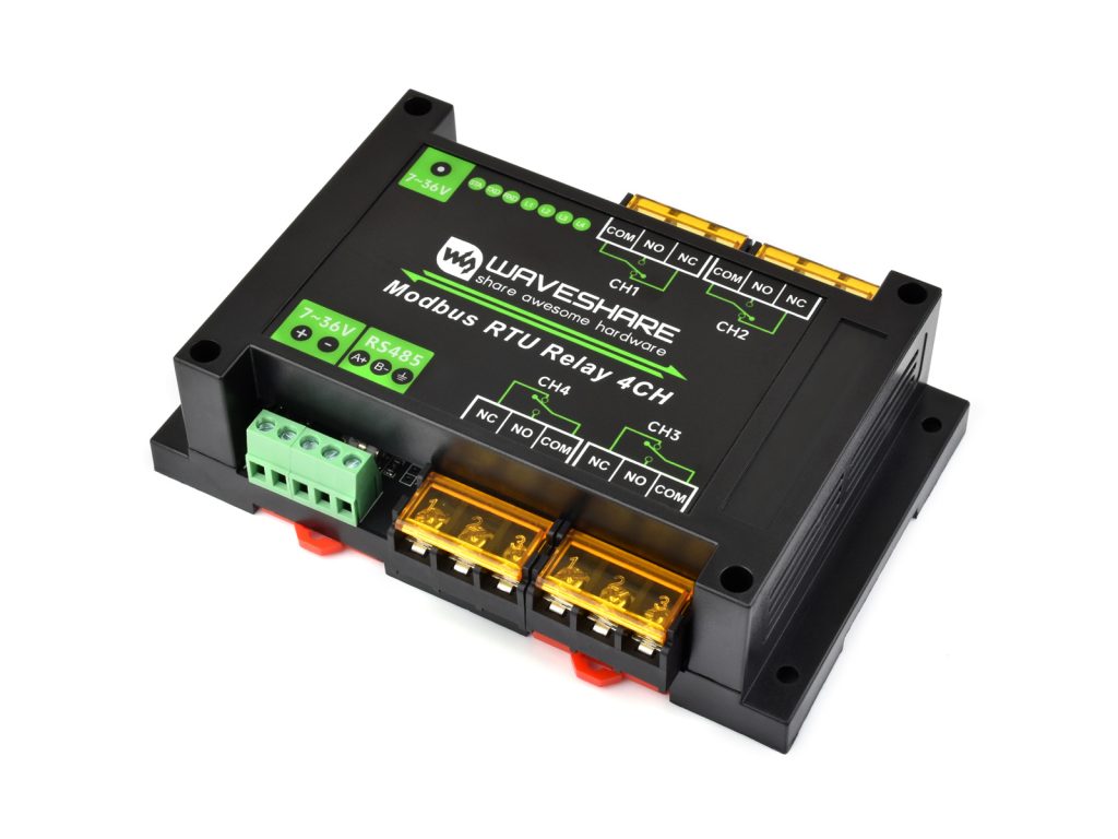 4 路 RS485 大电流继电器模块 Modbus RTU 协议 外置 LED 指示灯 带多种隔离保护电路 工业级导轨式外壳