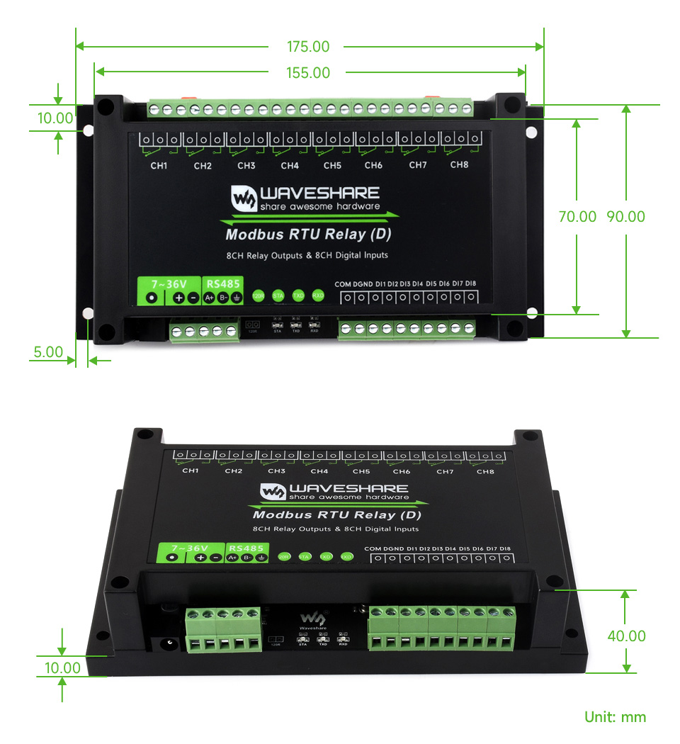 8 路 RS485 带开关输入继电器模块产品尺寸