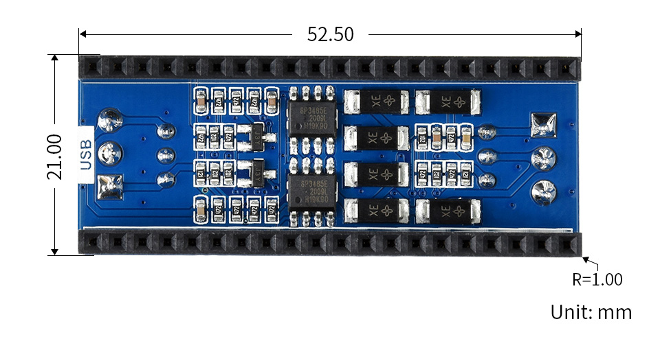 双通道 RS485 Pico 扩展板产品尺寸