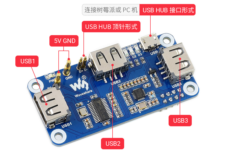 树莓派以太网供电扩展板扩展 3 路 USB 2.0 接口