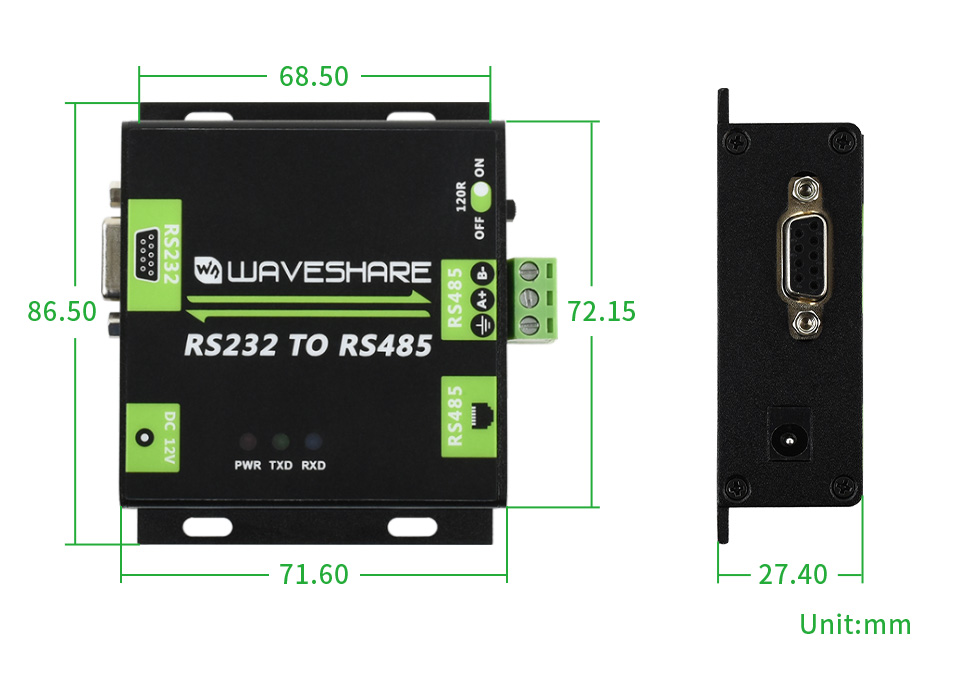 RS232 TO RS485双向转换器尺寸图