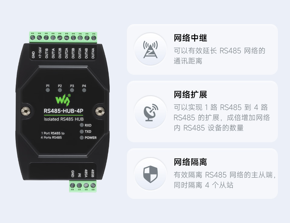 隔离型 4 路 RS485 集线器中继器基本功能