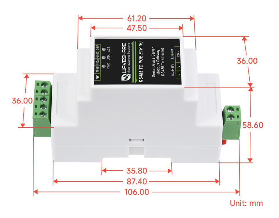 RS485 转 RJ45 以太网模块产品尺寸