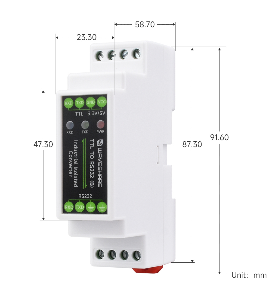 导轨式 TTL 转 RS232 电气隔离型串口转换器产品尺寸