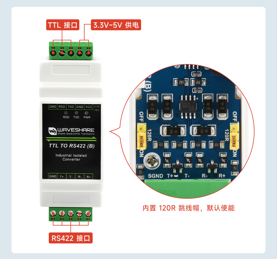 导轨式 TTL 转 RS422 电气隔离型串口转换器接口简介