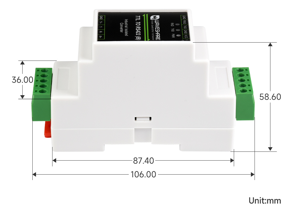 导轨式 TTL 转 RS422 电气隔离型串口转换器产品尺寸
