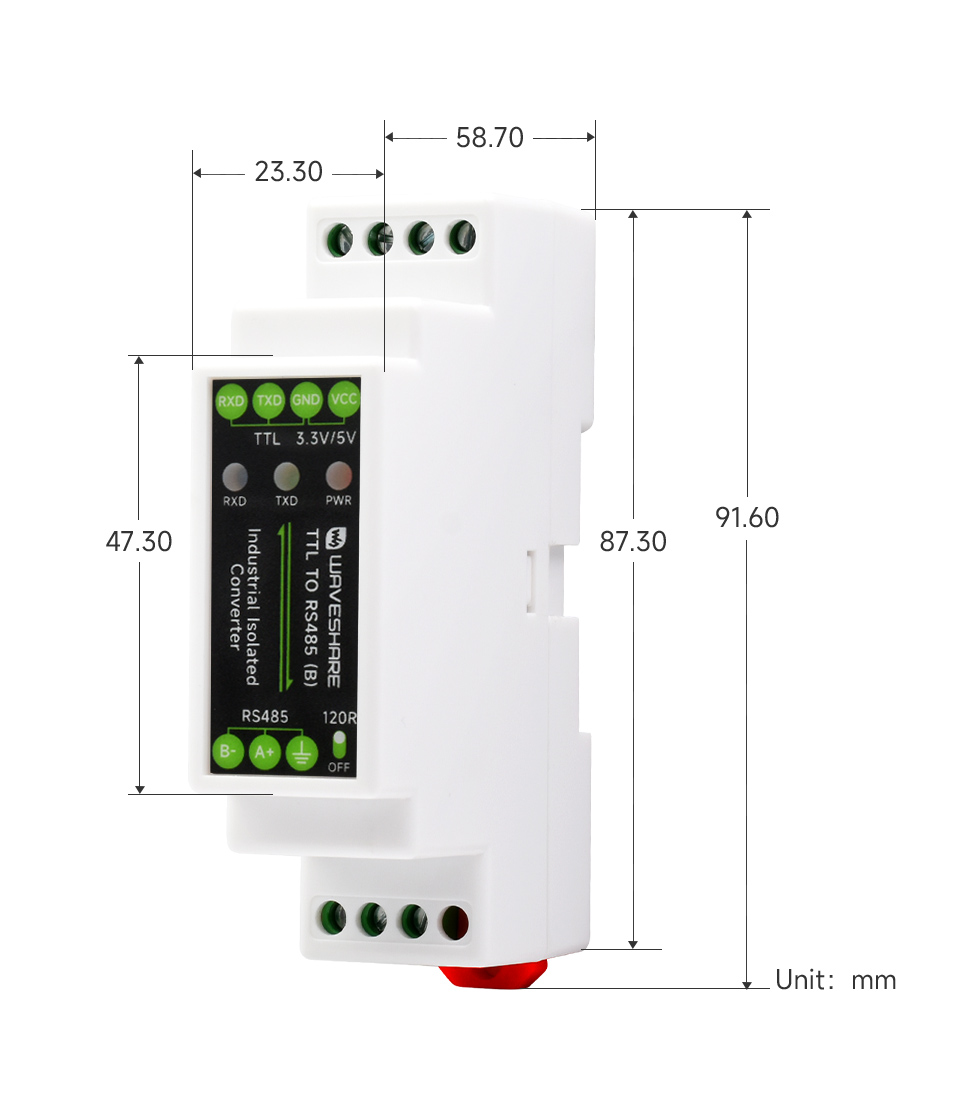 导轨式 TTL 转 RS485 电气隔离型串口转换器产品尺寸