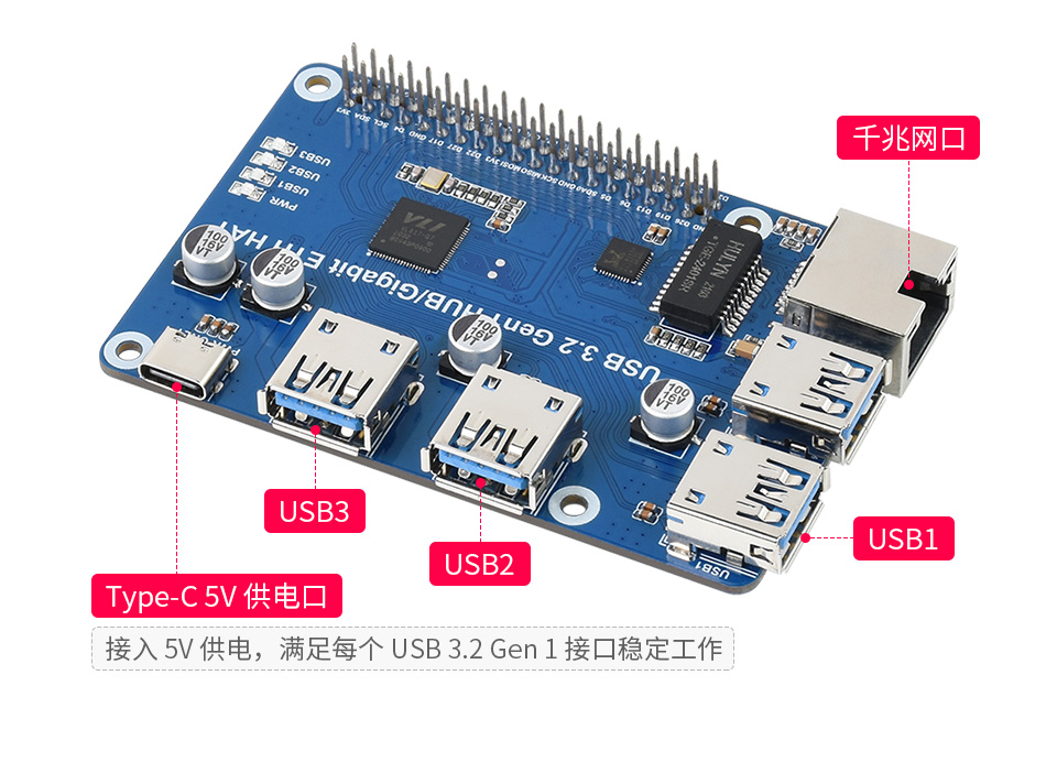 树莓派 USB 扩展板支持四口同时使用