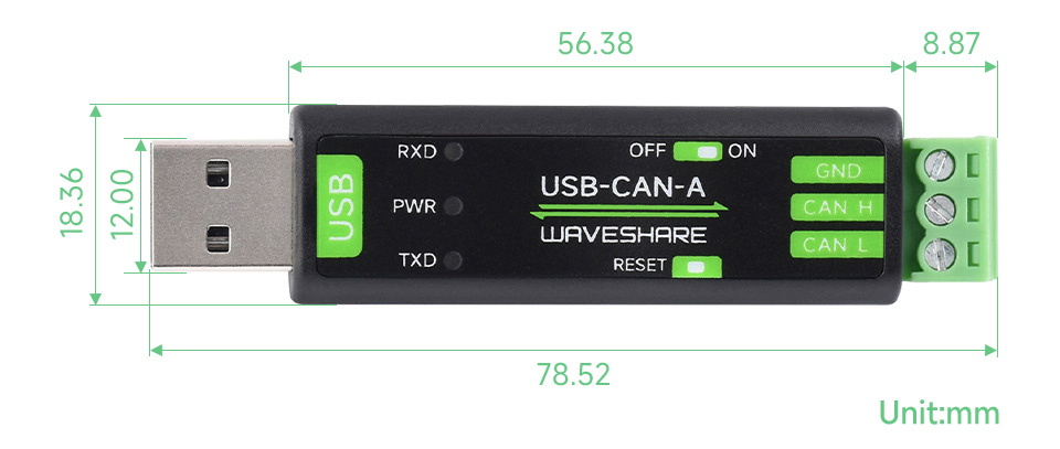 USB 转 CAN 适配器分析仪产品尺寸