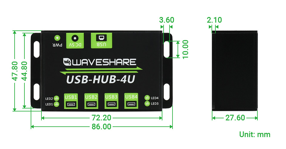 工业级 4 路 USB 集线器产品尺寸