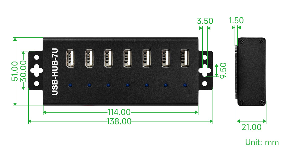 工业级 7 路 USB 集线器产品尺寸