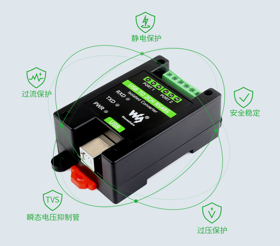 USB转2路RS485 工业级隔离型转换器多重保护功能图标