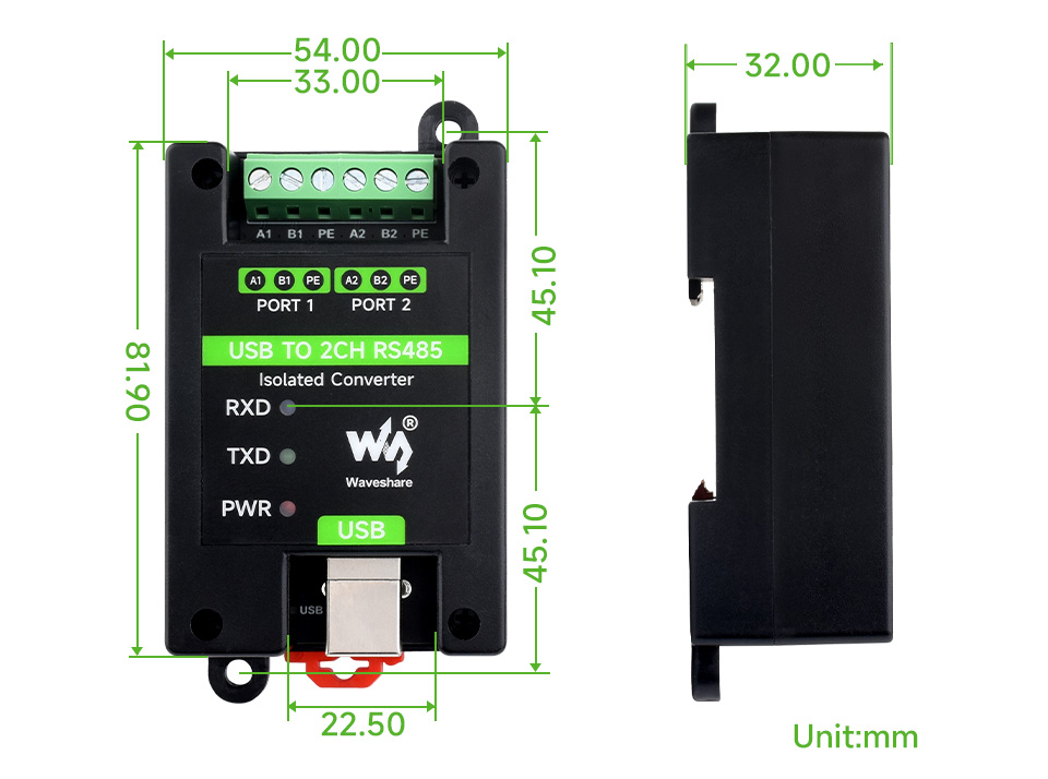 USB转2路RS485 工业级隔离型转换器产品尺寸